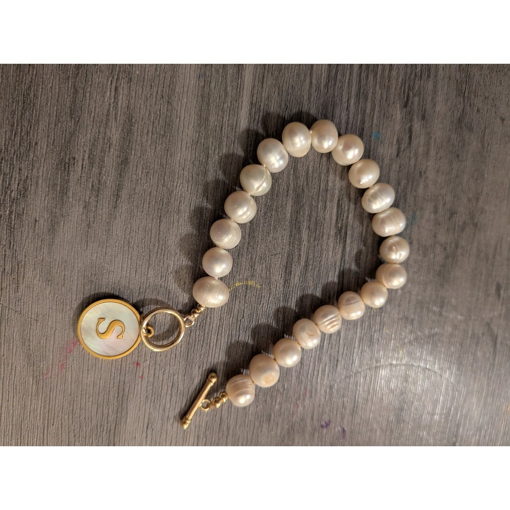 Freshwater Pearl Bracelet Gold Initial S Charm Toggle Clasp Mother of Pearl